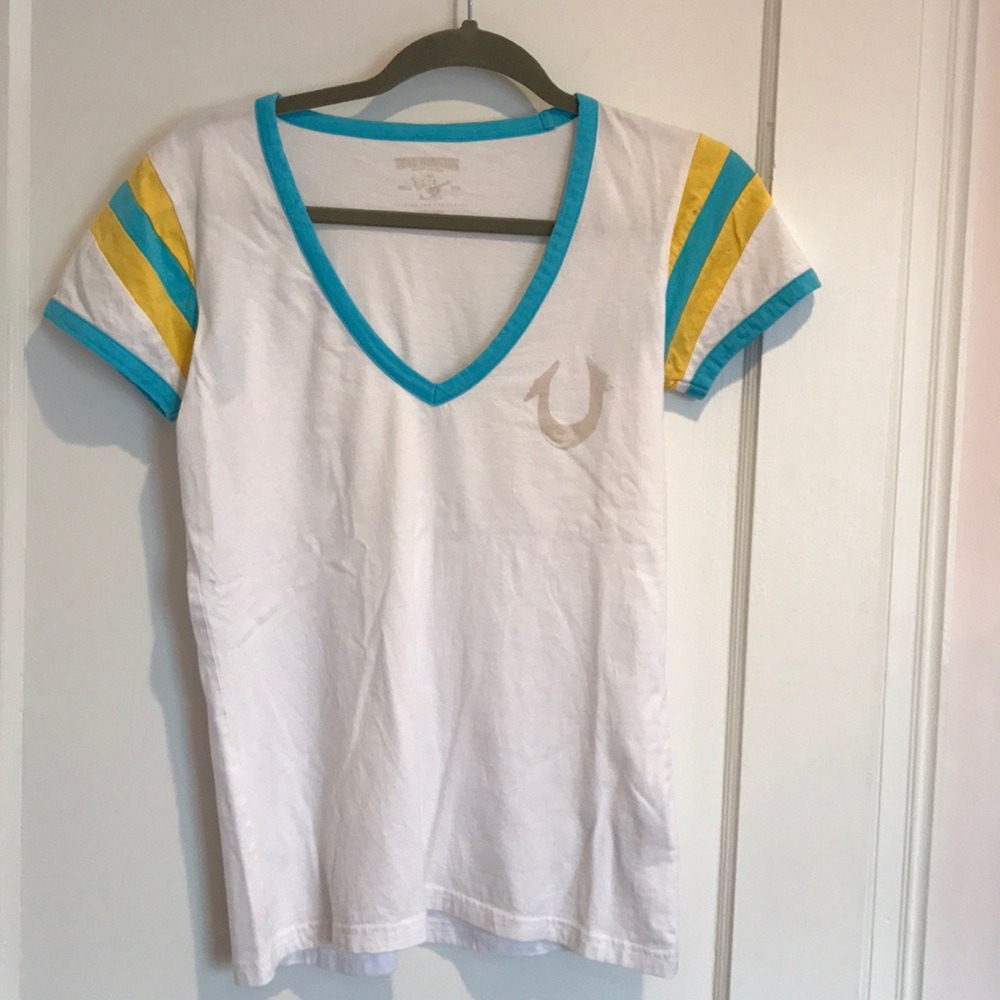 True religion blue and yellow retro look tee.